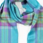 John Hanly Merino Luxury Wool Scarf Aqua Purple Green Plaid