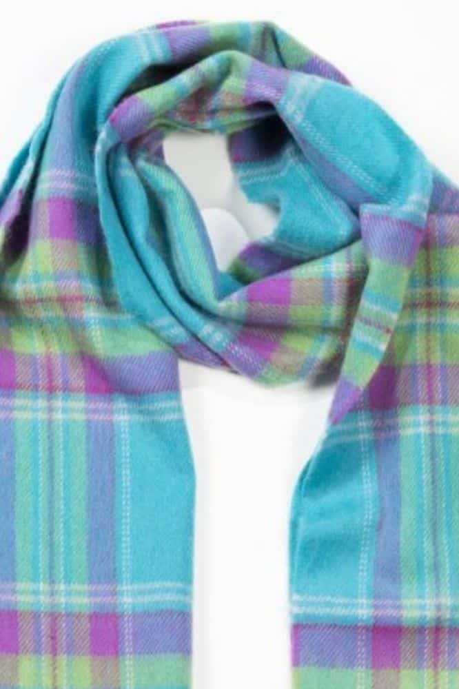 John Hanly Merino Luxury Wool Scarf Aqua Purple Green Plaid