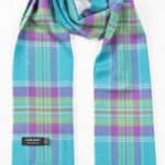 John Hanly Merino Luxury Wool Scarf Aqua Purple Green Plaid