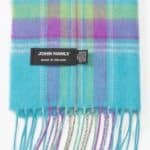 John Hanly Merino Luxury Wool Scarf Aqua Purple Green Plaid