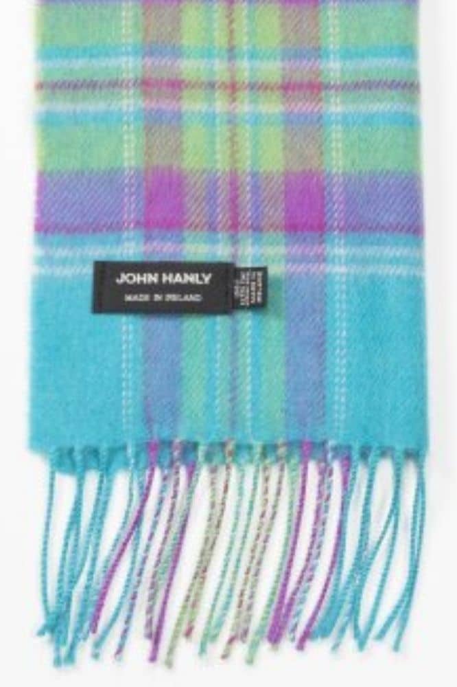 John Hanly Merino Luxury Wool Scarf Aqua Purple Green Plaid