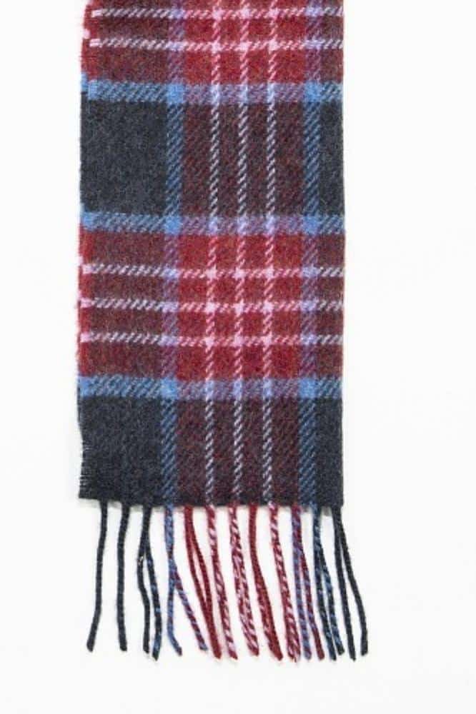 John Hanly Irish Wool Scarf Long Burgundy Denim Navy Plaid
