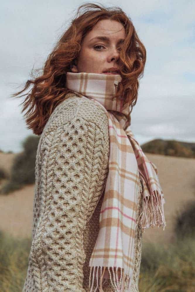 John Hanly Merino Luxury Wool Scarf Baby Pink White Check