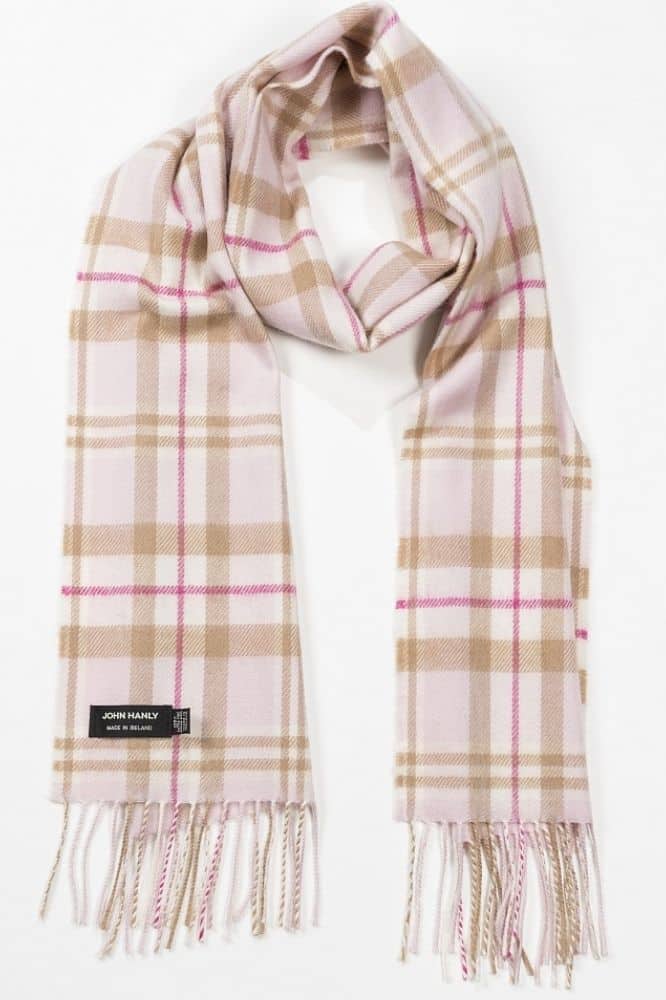 John Hanly Merino Luxury Wool Scarf Baby Pink White Check