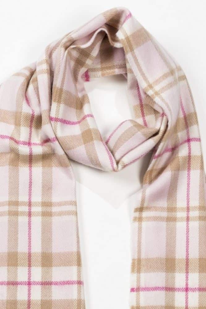 John Hanly Merino Luxury Wool Scarf Baby Pink White Check