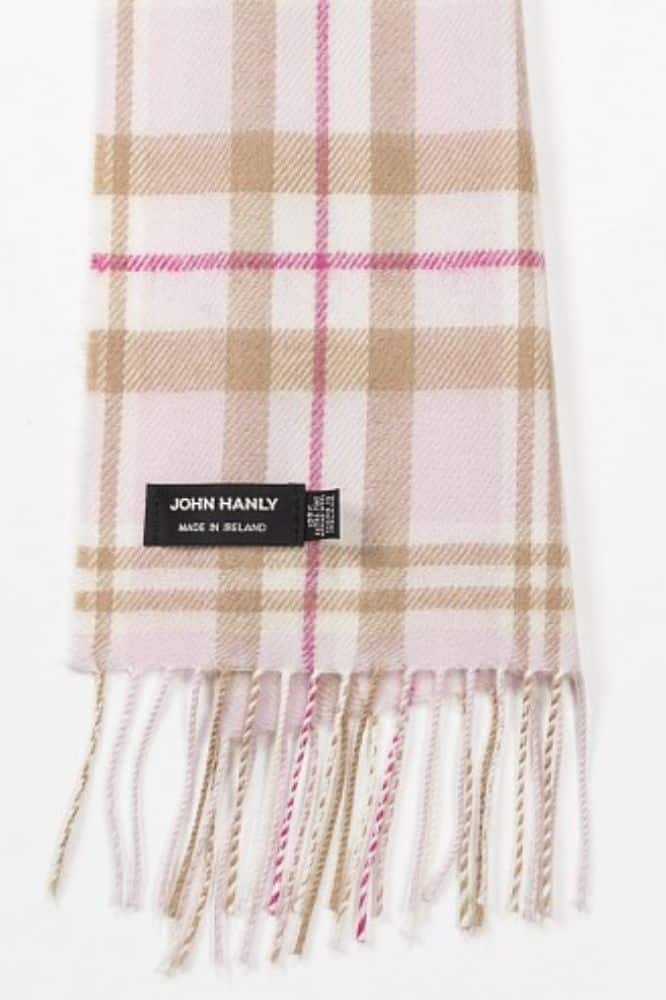 John Hanly Merino Luxury Wool Scarf Baby Pink White Check