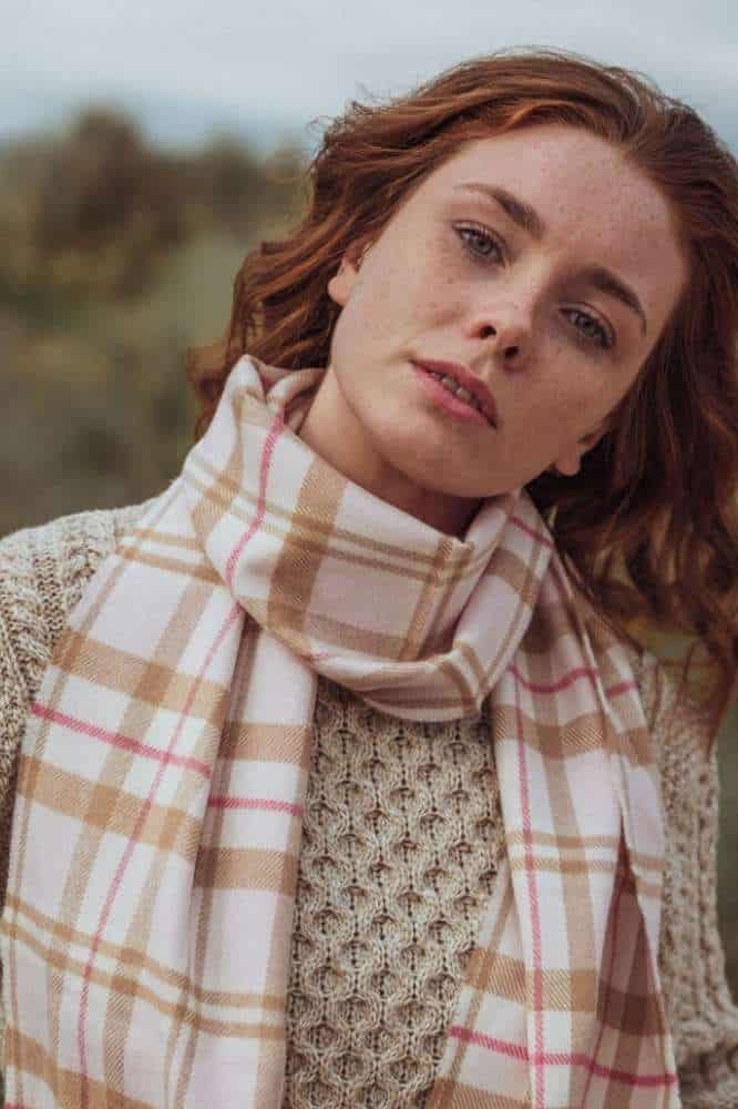 John Hanly Merino Luxury Wool Scarf Baby Pink White Check