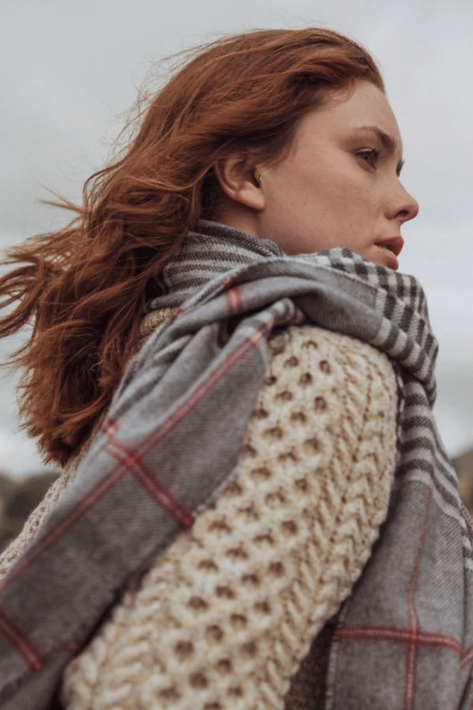 John Hanly Oversized Merino Scarf Grey Cream Red Check