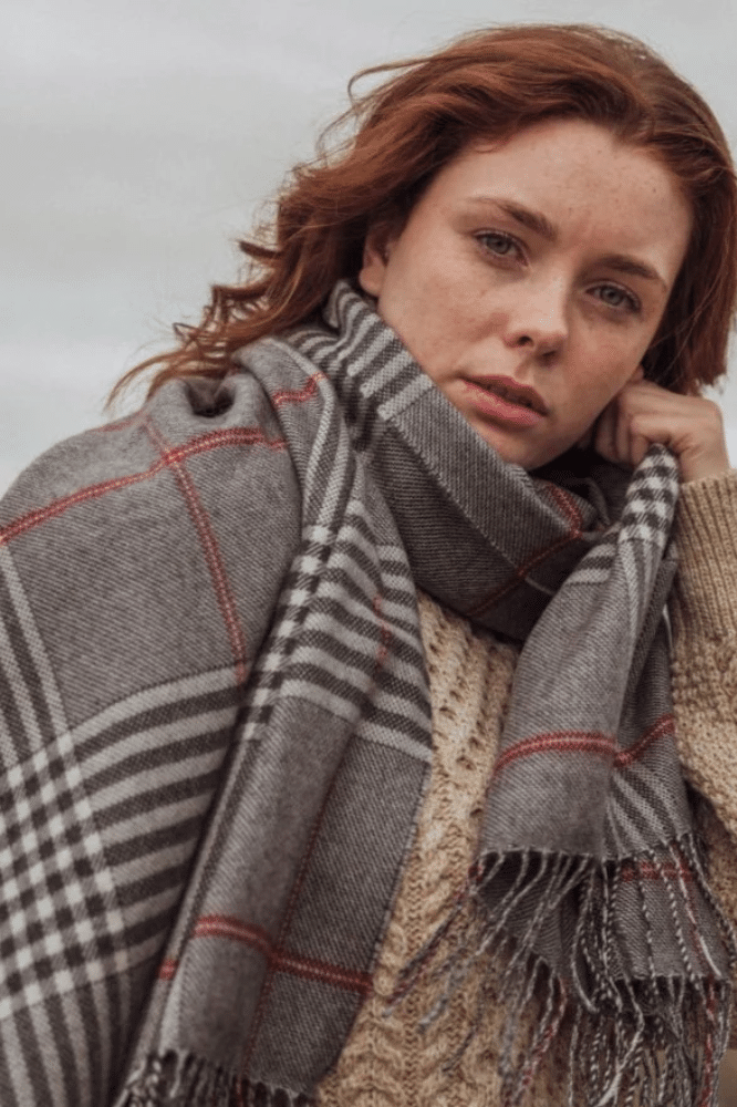 John Hanly Oversized Merino Scarf Grey Cream Red Check