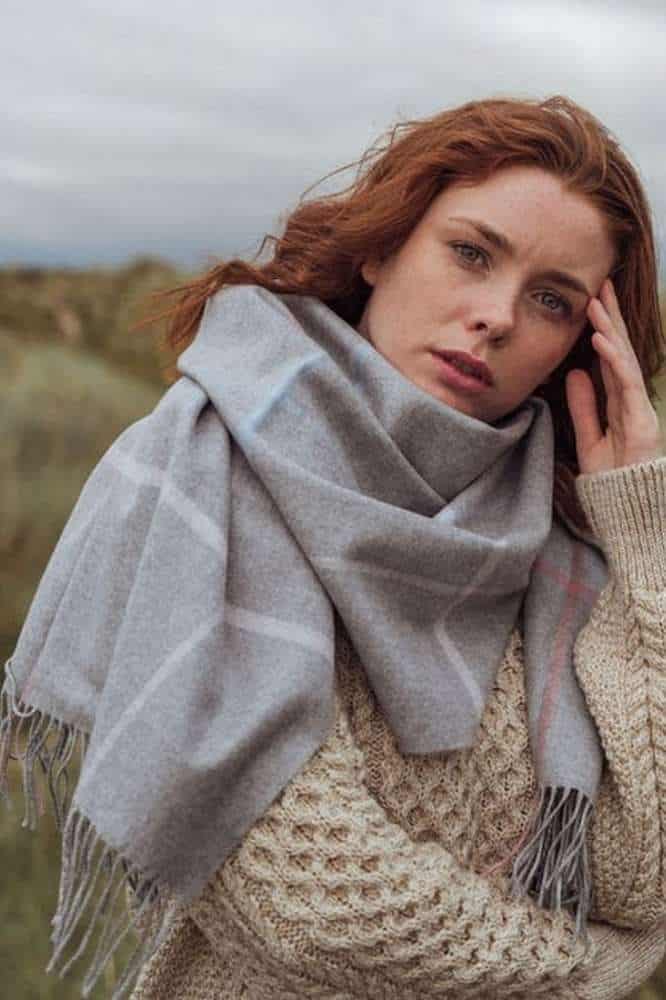 John Hanly Oversized Merino Scarf Silver Grey Pink Blue Overcheck