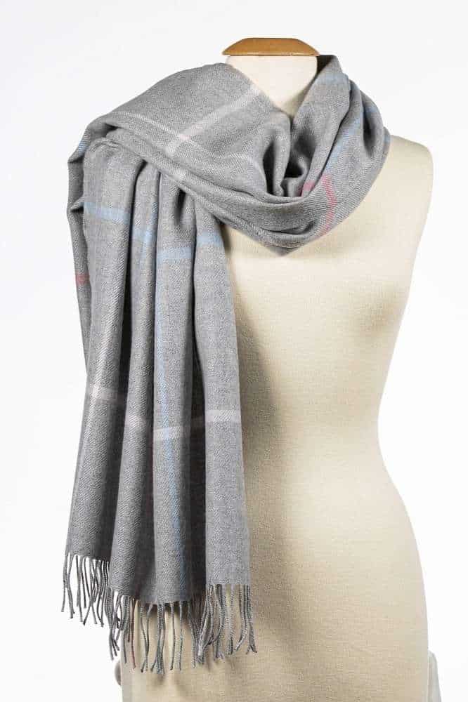 John Hanly Oversized Merino Scarf Silver Grey Pink Blue Overcheck