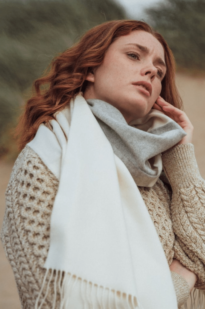 John Hanly Oversized Merino Scarf White Silver Grey Stripe