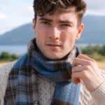 John Hanly Irish Wool Scarf 1956 Blue Charcoal Sage Plaid