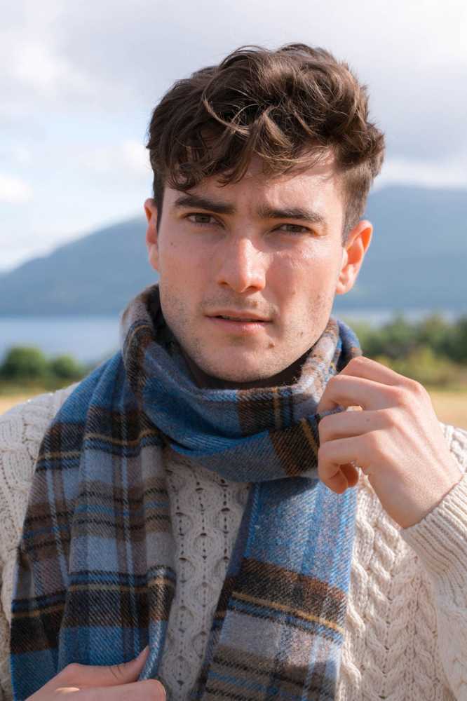 John Hanly Irish Wool Scarf 1956 Blue Charcoal Sage Plaid
