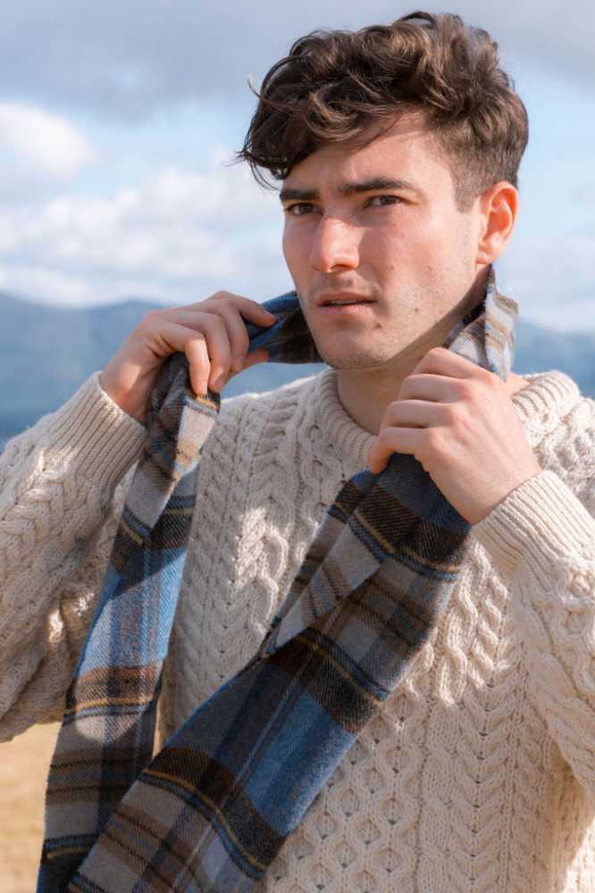 John Hanly Irish Wool Scarf 1956 Blue Charcoal Sage Plaid