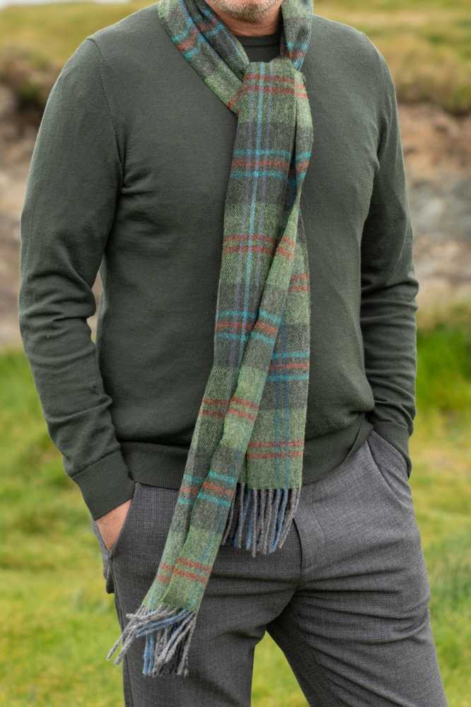 John Hanly Irish Wool Scarf Long 1906 Green Red Overcheck Plaid