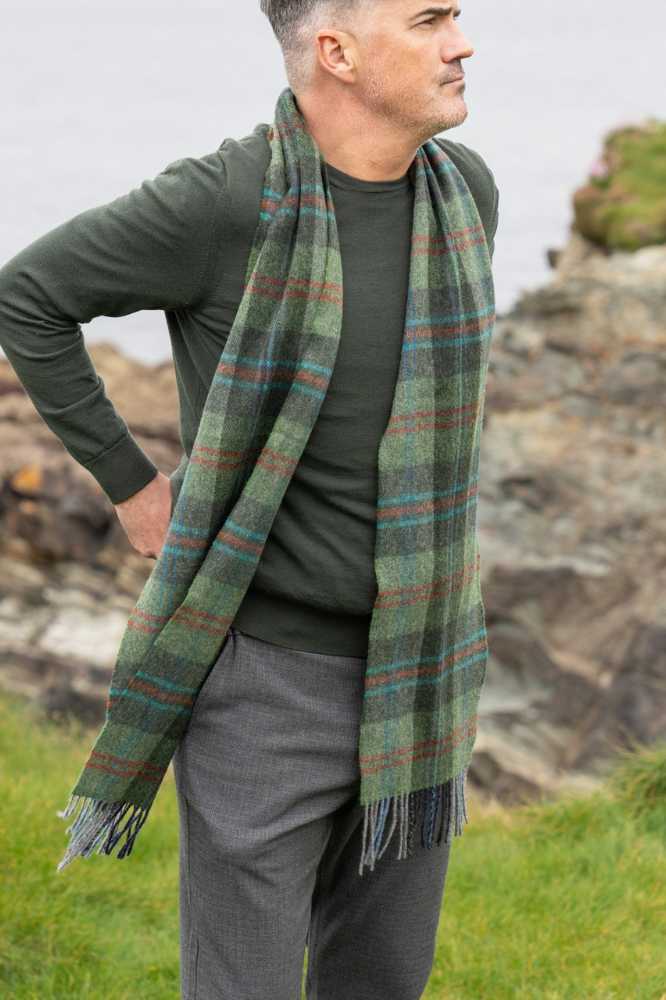 John Hanly Irish Wool Scarf Long 1906 Green Red Overcheck Plaid