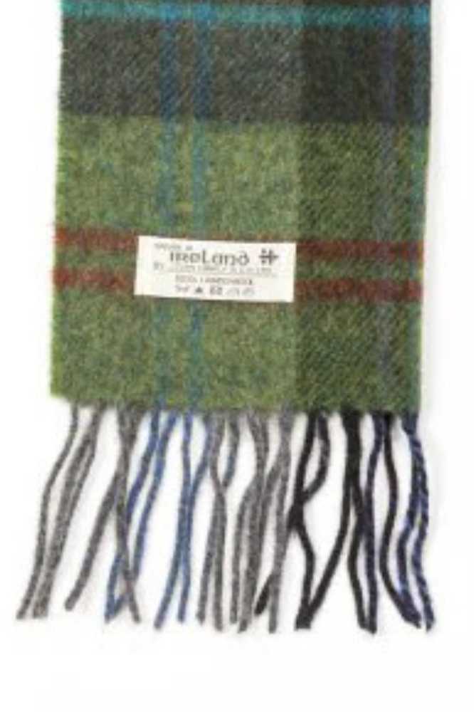 John Hanly Irish Wool Scarf Long 1906 Green Red Overcheck Plaid