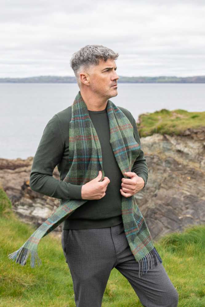 John Hanly Irish Wool Scarf Long 1906 Green Red Overcheck Plaid