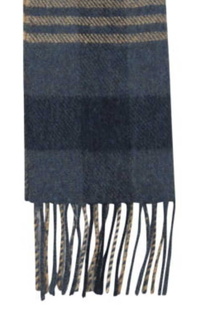John Hanly Irish Wool Scarf Long 1912 Denim Navy Beige Block Check