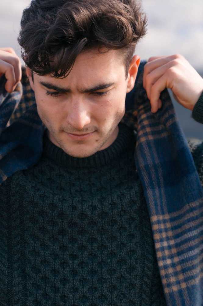 John Hanly Irish Wool Scarf Long 1912 Denim Navy Beige Block Check