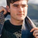 John Hanly Irish Wool Scarf Long 1912 Denim Navy Beige Block Check