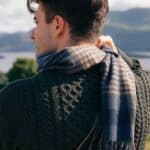 John Hanly Irish Wool Scarf Long 1912 Denim Navy Beige Block Check