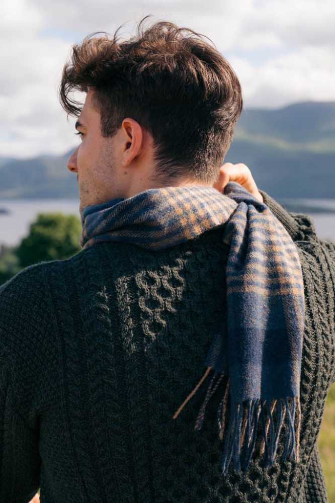 John Hanly Irish Wool Scarf Long 1912 Denim Navy Beige Block Check