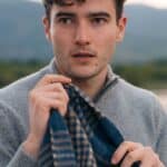 John Hanly Irish Wool Scarf Long 1912 Denim Navy Beige Block Check