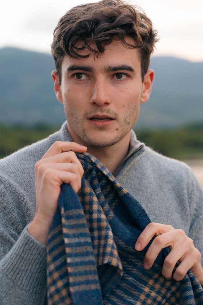 John Hanly Irish Wool Scarf Long 1912 Denim Navy Beige Block Check