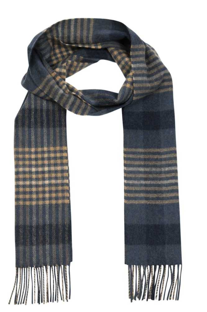 John Hanly Irish Wool Scarf Long 1912 Denim Navy Beige Block Check