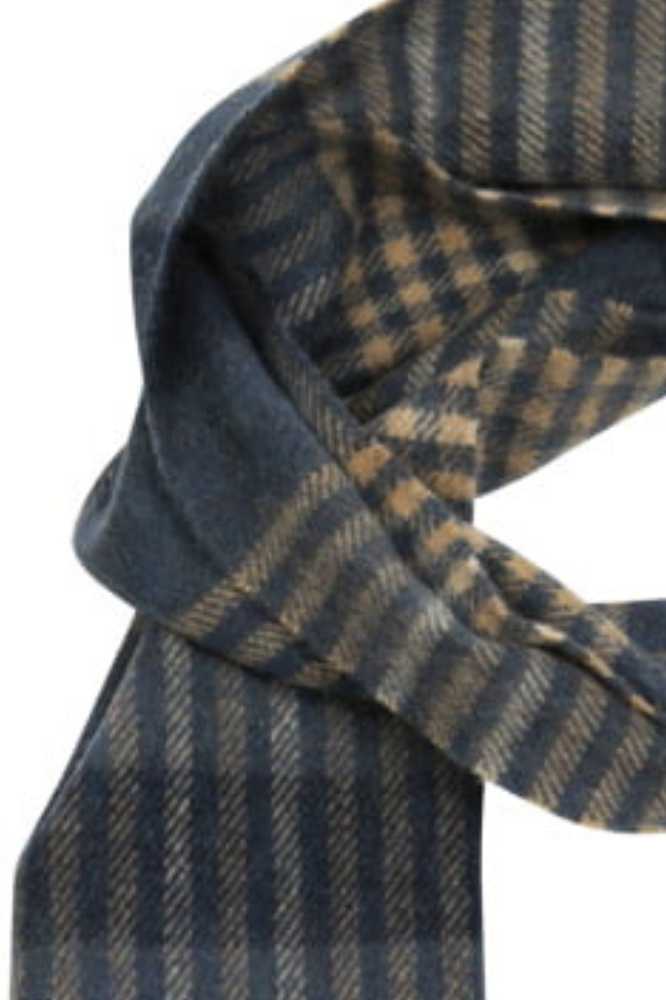 John Hanly Irish Wool Scarf Long 1912 Denim Navy Beige Block Check