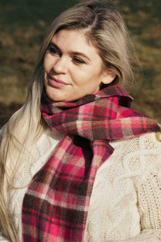 John Hanly Irish Wool Scarf Long 1914 Pink Maroon Check