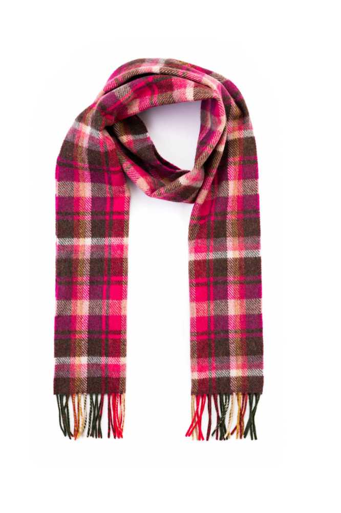 John Hanly Irish Wool Scarf Long 1914 Pink Maroon Check