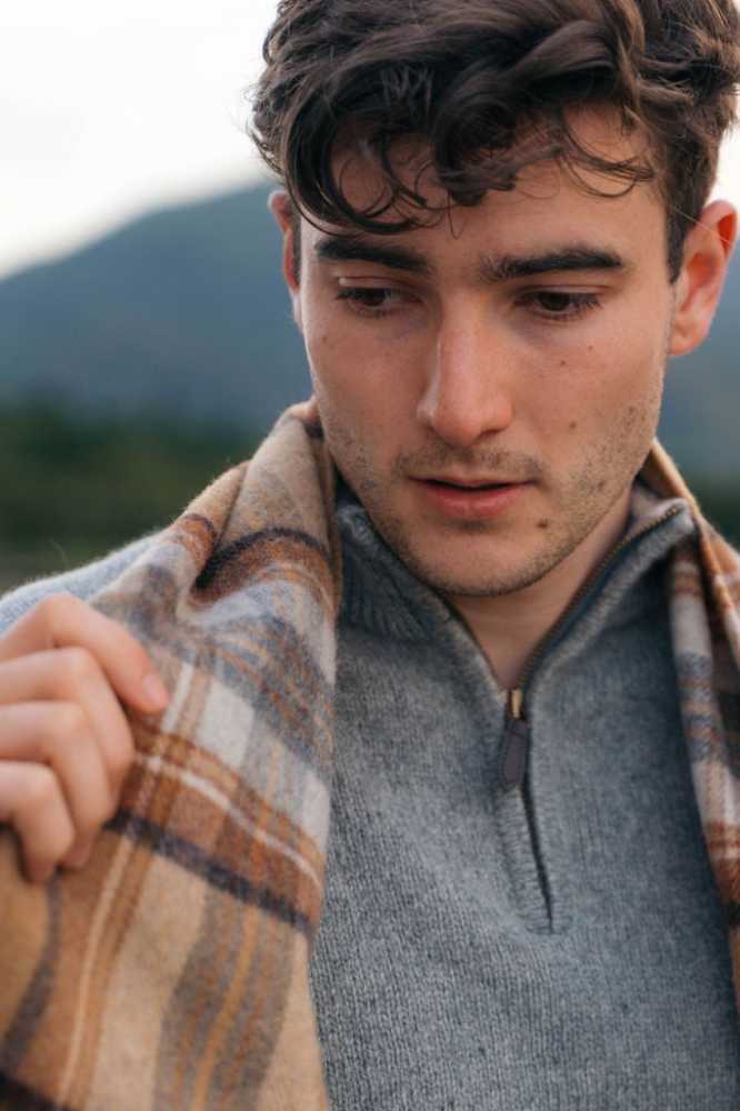 John Hanly Irish Wool Scarf Long 1959 Silver Grey Plaid