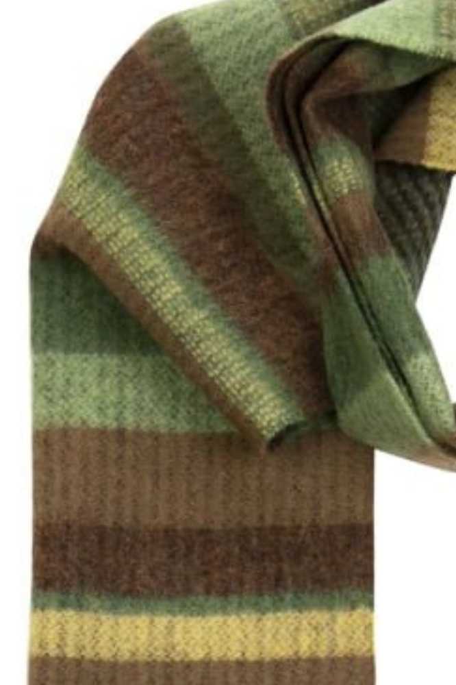 John Hanly Irish Wool Scarf Long 1976 Green Brown Horizontal Stripe