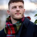 John Hanly Irish Wool Scarf Long 1987 Red Black Green Plaid