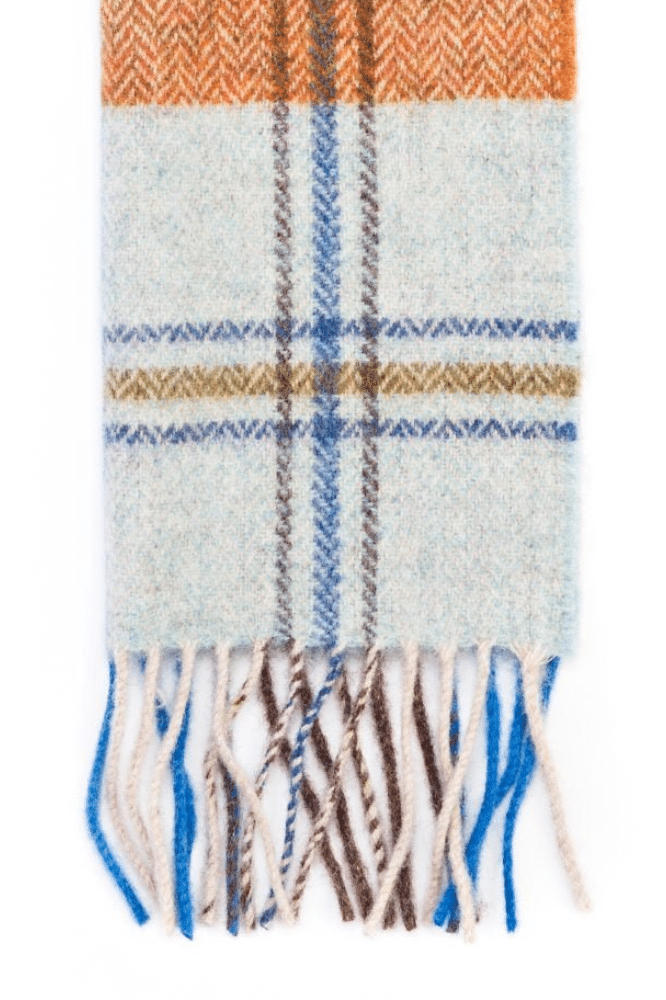 John Hanly Irish Wool Scarf Long 1990 Long Blue Grey Rust Plaid