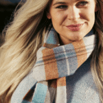 John Hanly Irish Wool Scarf Long 1990 Long Blue Grey Rust Plaid