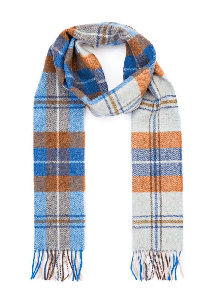 John Hanly Irish Wool Scarf Long 1990 Long Blue Grey Rust Plaid