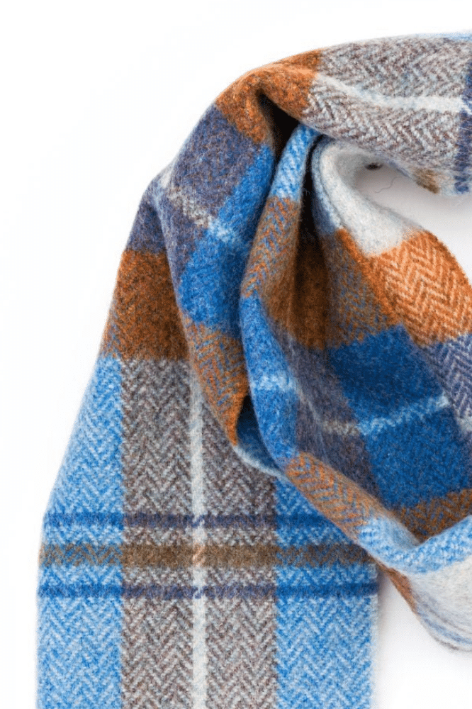 John Hanly Irish Wool Scarf Long 1990 Long Blue Grey Rust Plaid