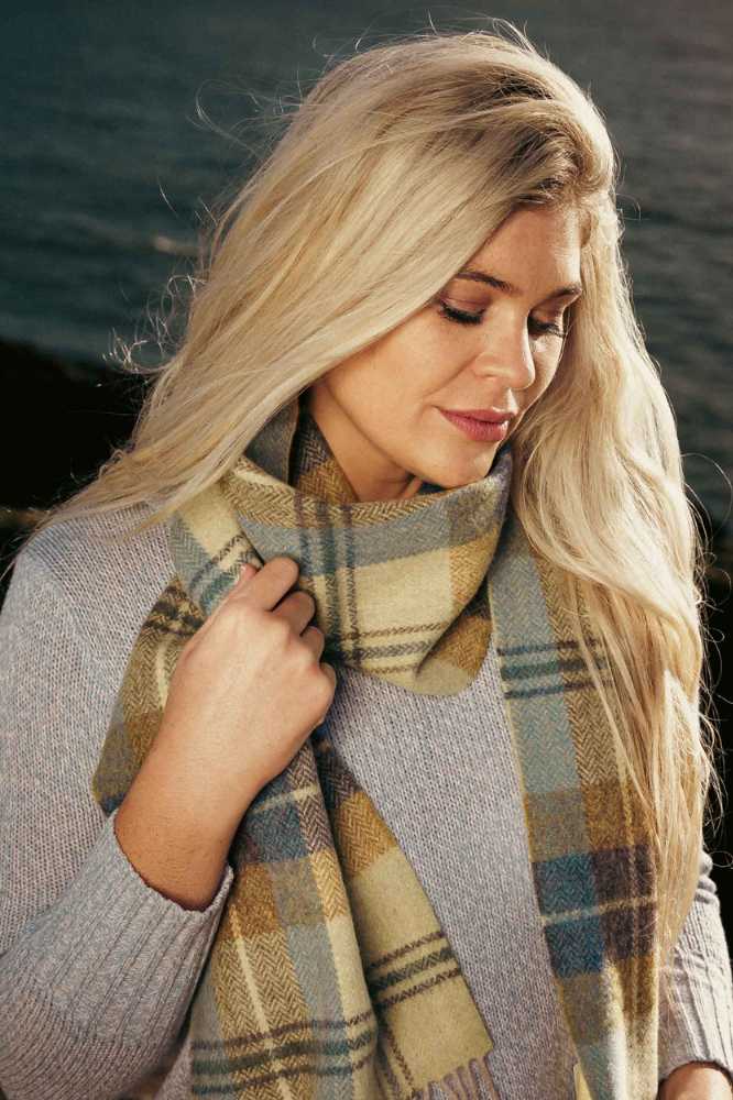 John Hanly Irish Wool Scarf Long 1991 Citrus Blue Brown Plaid