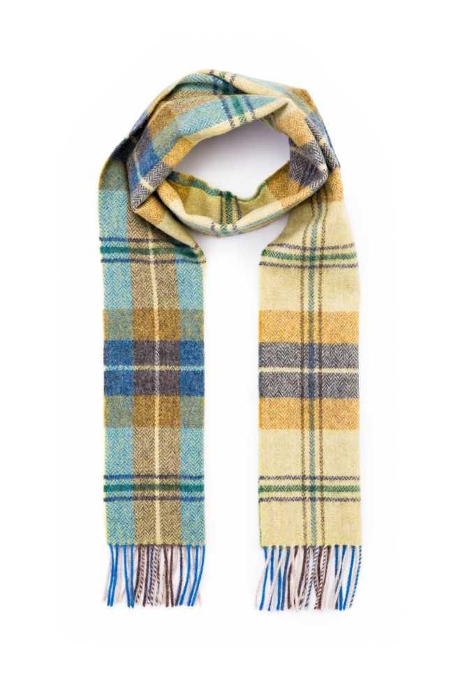 John Hanly Irish Wool Scarf Long 1991 Citrus Blue Brown Plaid
