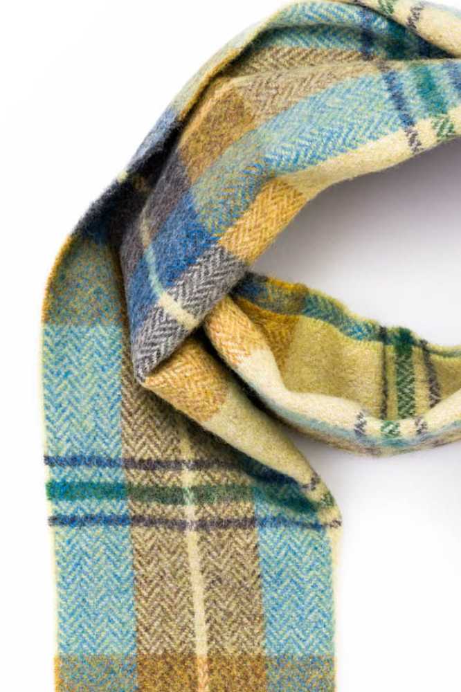 John Hanly Irish Wool Scarf Long 1991 Citrus Blue Brown Plaid