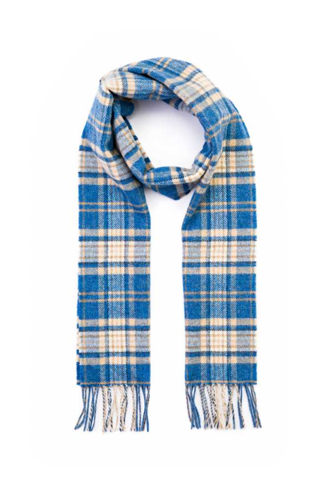 John Hanly Irish Wool Scarf Long 1992 Blue Beige Check