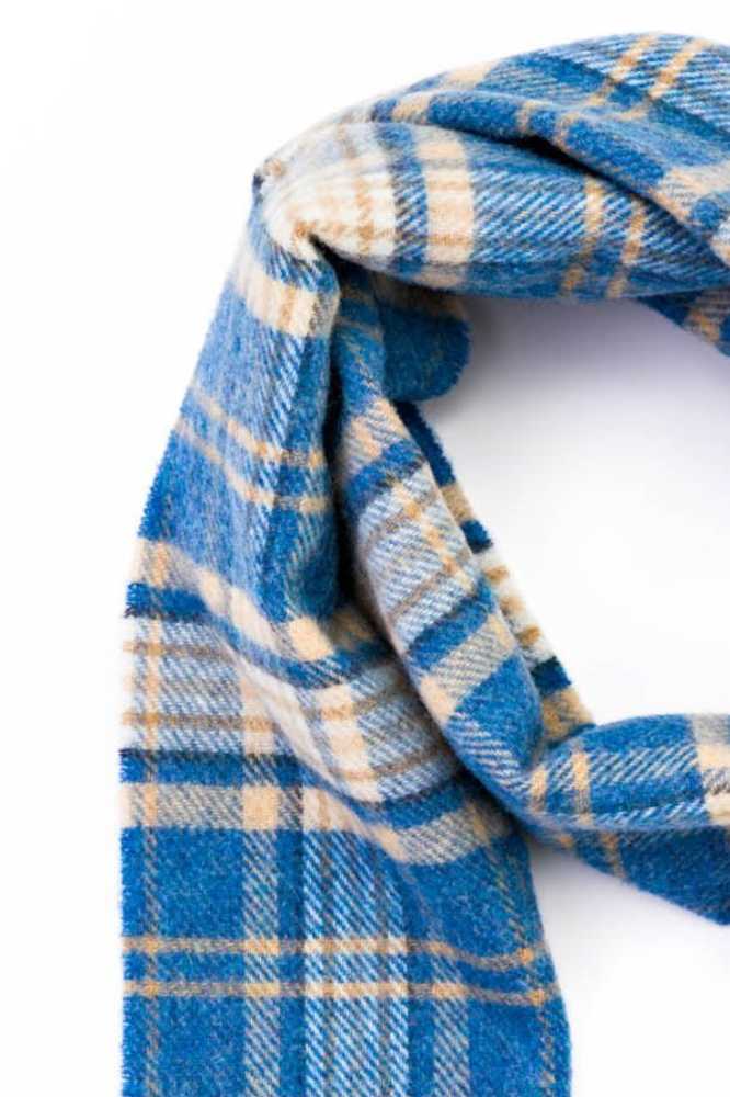 John Hanly Irish Wool Scarf Long 1992 Blue Beige Check