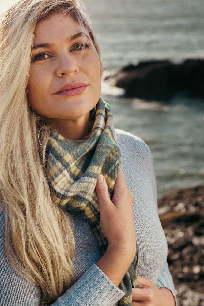 John Hanly Irish Wool Scarf Long 1995 Yellow Green Mix Check