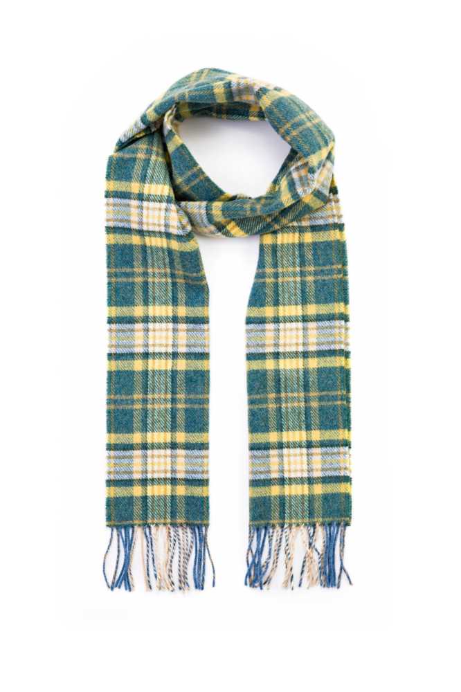 John Hanly Irish Wool Scarf Long 1995 Yellow Green Mix Check