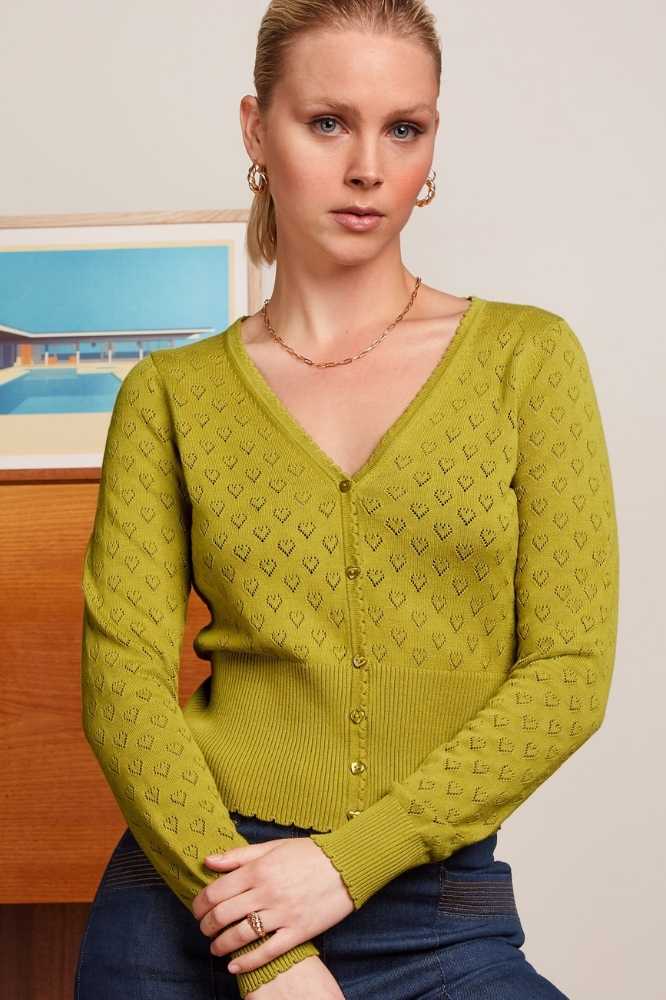 King Louie Cardi V Heart Ajour Spring Yellow - La Vie en Rose Damesmode