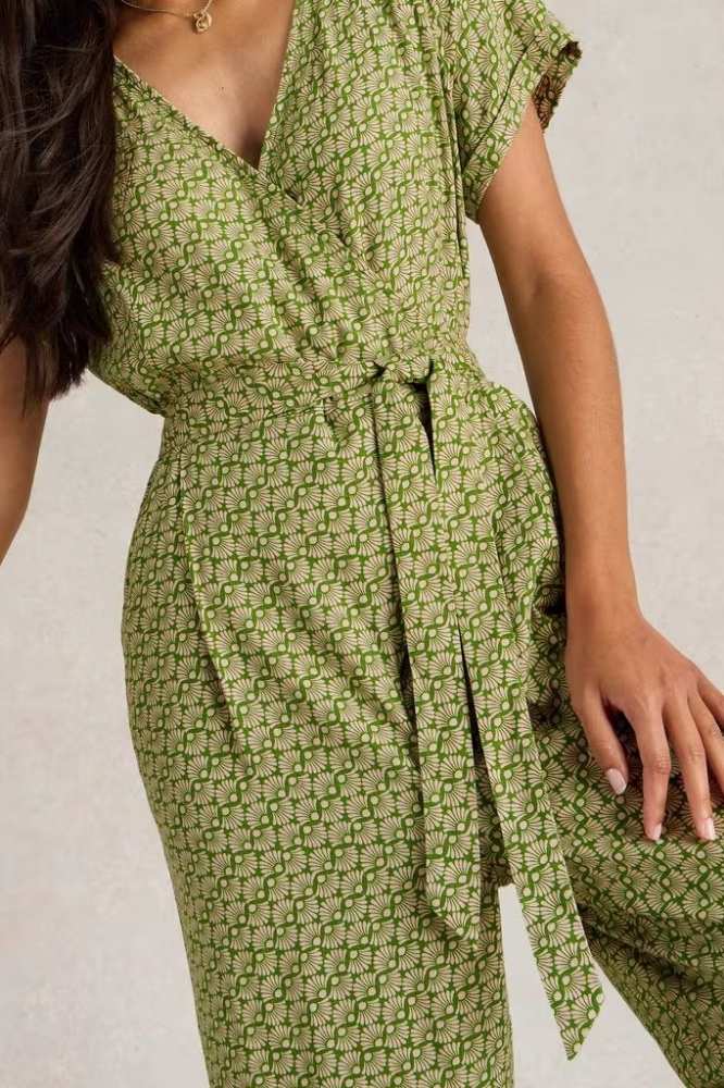 White Stuff Verity Linen Blend Jumpsuit Green Print - La Vie en Rose Damesmode